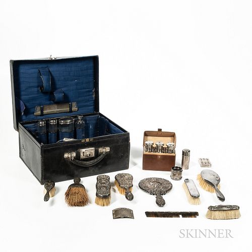 Cased Silver Traveling Vanity Set with Extra Pieces