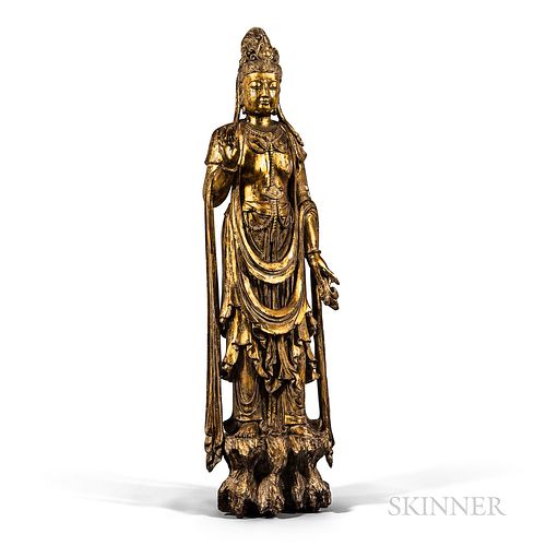 Monumental Carved Gilt-wood Figure of Guanyin