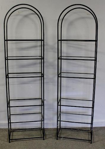 Pair of Iron Arch Top Etageres with Glass Shelves.