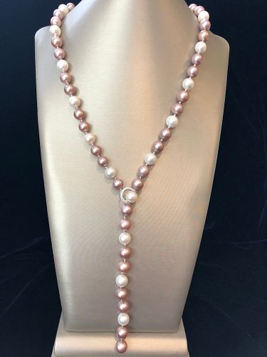 Fine White and Pink Cultured Pearl Diamond Lariat Necklace