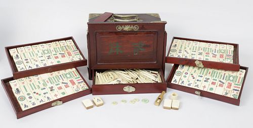 Vintage Mah Jong Game with Bone and Bamboo Tiles in Fitted Case