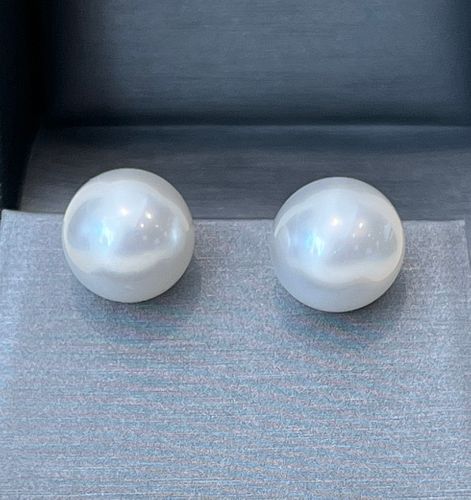 Fine Pair 12.9mm White South Sea Pearl Earrings, 14k Gold