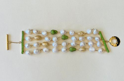 Green Tourmaline and White Baroque Fresh Water Pearl Four Strand Bracelet