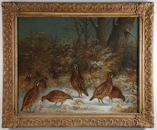 James G. Hill Oil on Canvas "Quail in a Snowy Woodland"