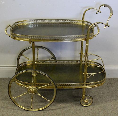 Vintage Brass Tea Cart with Tooled Leather Lined