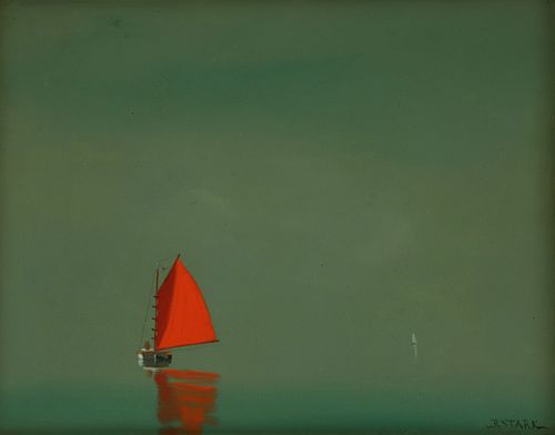 Robert Stark Jr. Oil on Canvas "Red Sail on Calm Waters"
