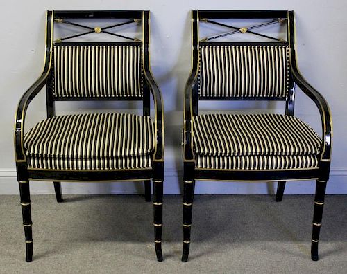 Pair of Drexel Lacquered and Gilt Decorated