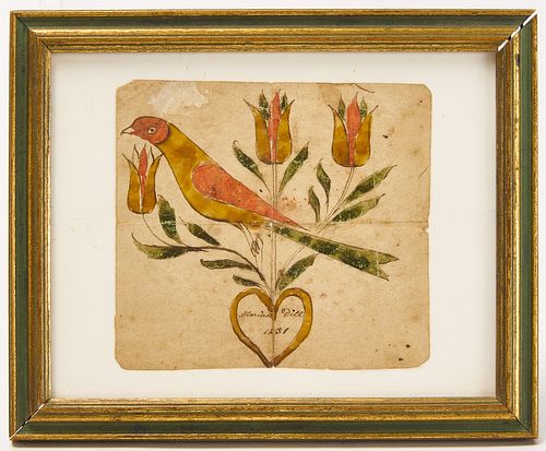 Fraktur with Bird and Three Tulips