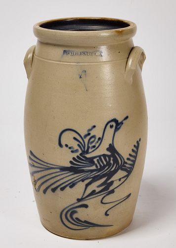 Whites Utica Stoneware Churn with Bird