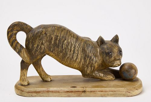 Folk Art Carved Cat with Ball