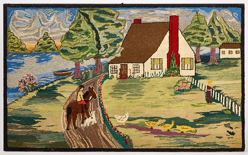 Hooked Rug with Farm and Horse Rider