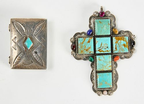 Navajo Silver Box and Silver Cross Pendant.