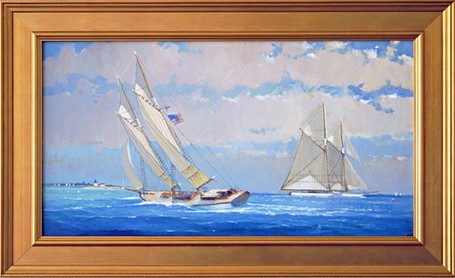 William Lowe Oil on Linen "Hard Driving off Brant Point Lighthouse - Nantucket"