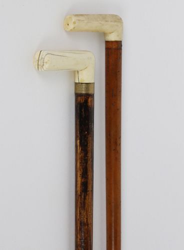 Two Antique Ivory L-Handled Canes, 19th Century