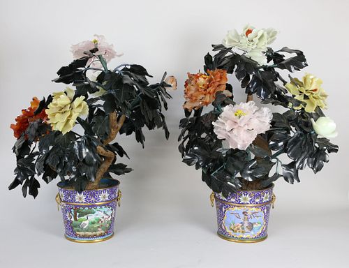 Pair of Chinese Large Carved Hardstone Flower Trees in Cloisonne Pots