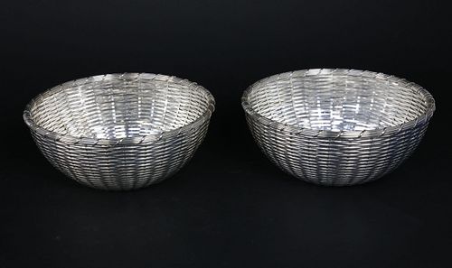 Pair of Christophle France Woven Silver Plated Round Bread Baskets