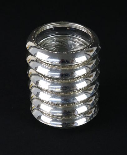 Set of Vintage Six Sterling Silver and Glass Coasters