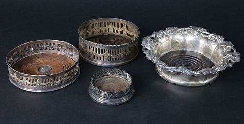 Collection of Four Antique English Silver and Silver Plated Wine Coasters
