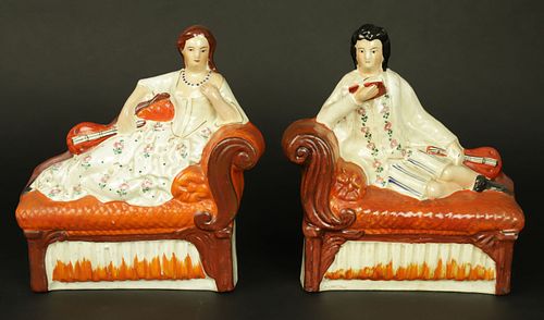 Pair of Staffordshire Figures Reclining on Daybed, 19th Century