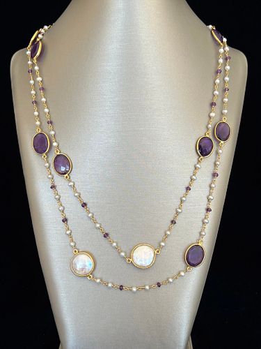Faceted Amethyst and Fresh Water Coin and Seed Pearl Necklace