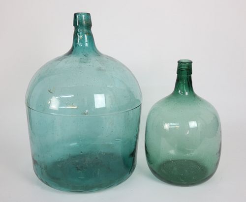 Two Green Demijohn Glass Bottles