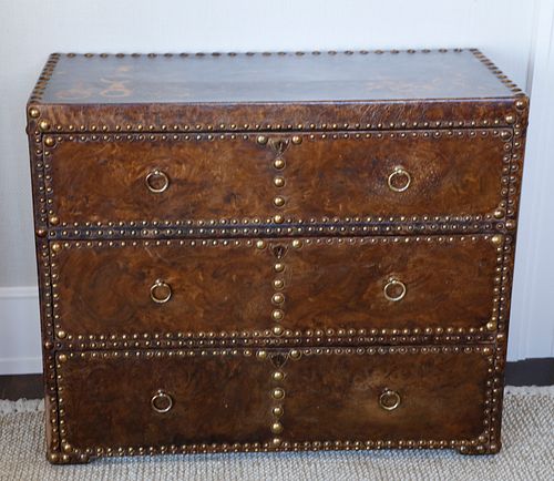 Antique Brass Nailhead Leather Covered Chest of Three Drawers