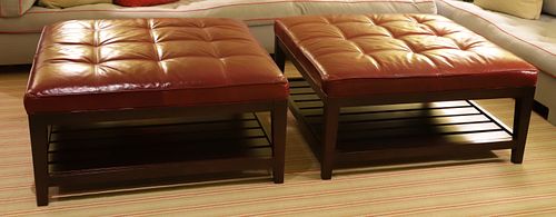 Pair of Square Tufted Red Leather Ottoman - Tables