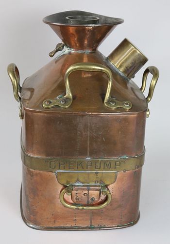 Antique English Copper and Brass Four Gallon "Check Pump" Oil Can