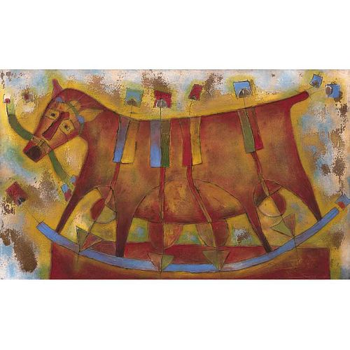 ROLANDO ROJAS, La caballita, Firmado, Óleo y arena sobre tela, 60 x 100 cm