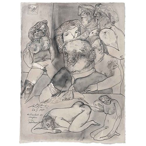 JOSÉ LUIS CUEVAS, Autorretrato con mujeres, Firmada y fechada 26 - I - 1983, Tinta y acuarela sobre papel, 38.5 x 28 cm