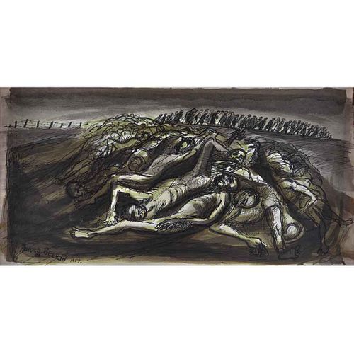 ARNOLD BELKIN, Procesión, Firmada y fechada 1959, Mixta sobre papel, 18 x 35.5 cm