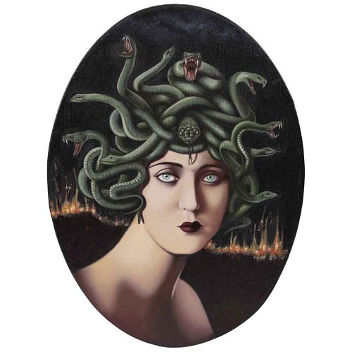 FERNANDO GUEVARA, Medusa (Nahui Olin), Firmado y fechado 2022 al reverso, Óleo sobre tela, 40 x 30 cm, Con certificado