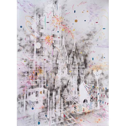 ALEJANDRO OSORIO, Burning Disney Cloud, Firmado y fechado 21, Mixta/papel/cartón/madera en caja de acrílico, 201 x 147 cm