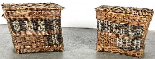 Two Large Industrial Rattan Shipping Baskets