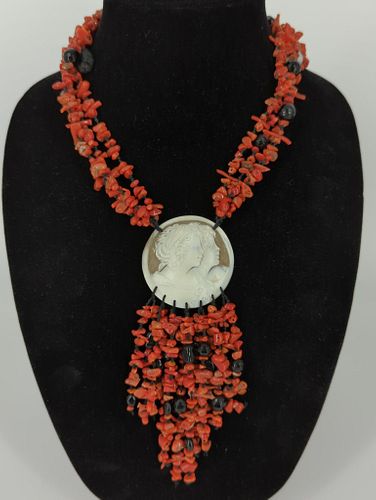 Coral and Onyx Multi-Strand Necklace with Cameo Pendant