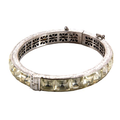 Art Deco Sterling Silver, Glass Bangle Bracelet