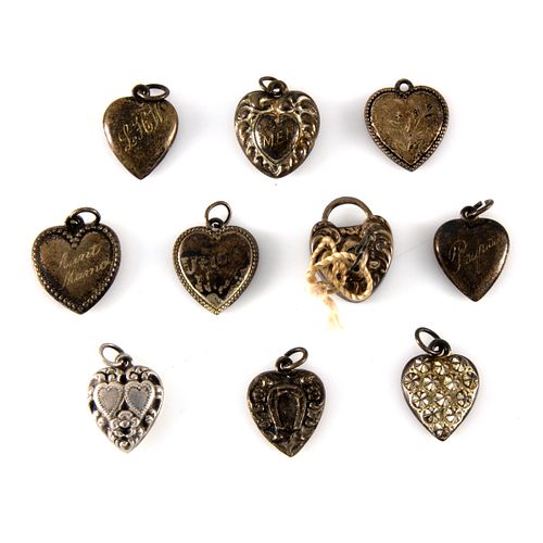 Collection of Victorian Silver Heart Charms and Lock