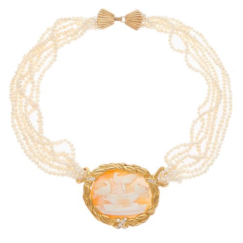Shell Cameo, Fresh Water Pearl, Diamond, 14k Necklace