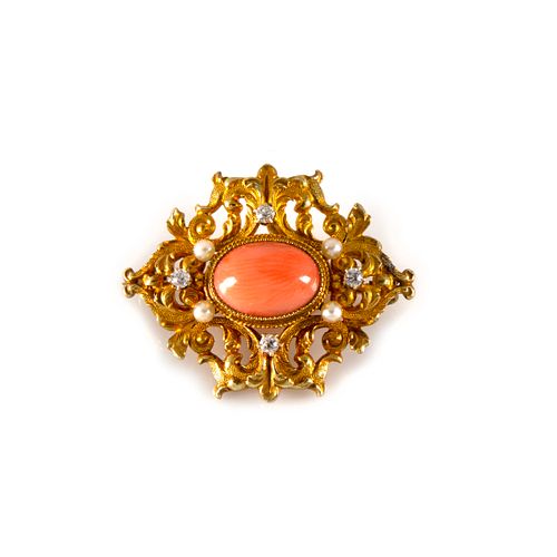 Victorian Coral, Diamond, Seed Pearl, 14k Watch Pin, Krementz