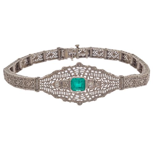 Art Deco Emerald, Diamond, 14k White Gold Bracelet