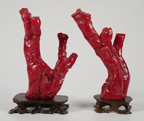 Pair of Vintage Chinese Red Coral Carved Figurines