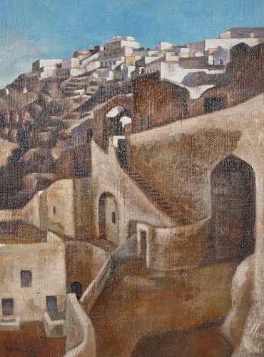 Greek Oil on Canvas, 1940, Signed, Village