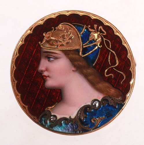 A Gold and Enamel Portrait Pin