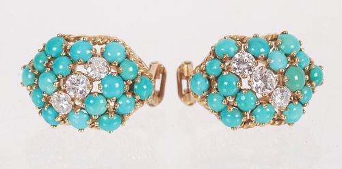 A Pair of 18k Gold, Diamond and Turquoise Earrings