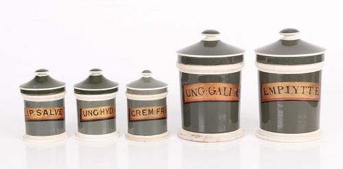 A Set Of Five 19th Century Mochaware Canisters