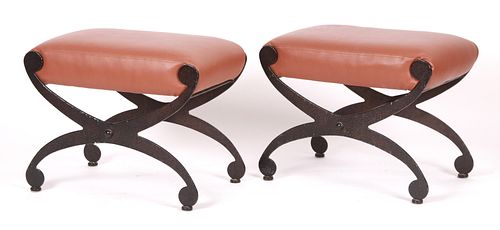 A Pair of Modern Wrought Iron and Leather Stools