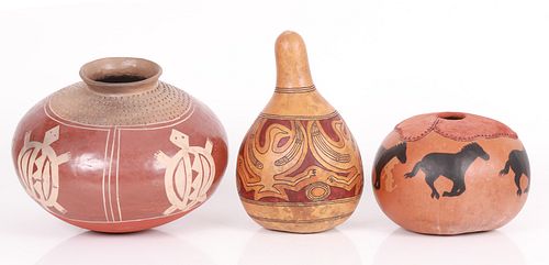 Three Decorative Objects Pottery and Gourd