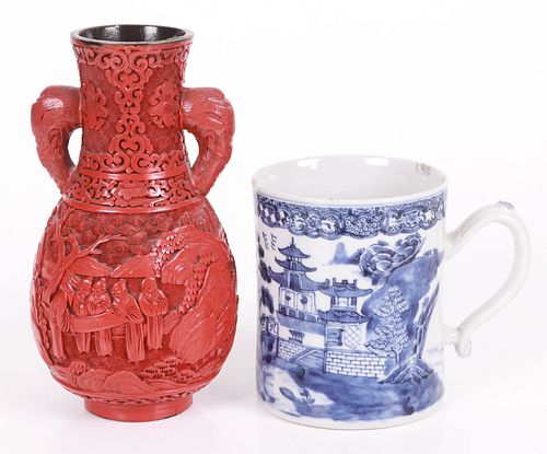 A Chinese Cinnabar Vase and an Export Mug