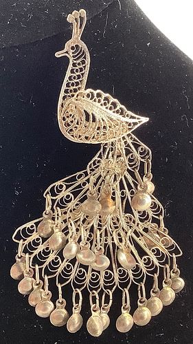 Antique Sterling Silver Peacock Pin