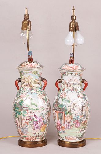 A Pair of Chinese Famille Rose Urns/Lamps